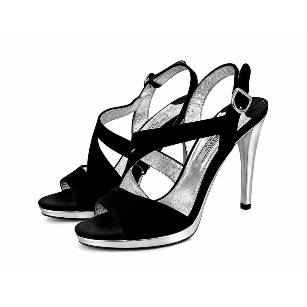 Prada Black Suede Silver Metallic Platform Slingback Heels Sandals EU 37